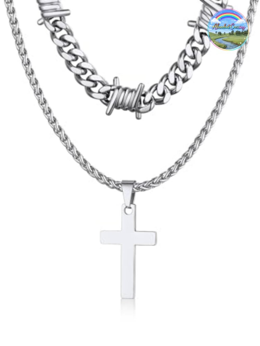 Stainless Steel Barbed Wire Choker & Cross Necklace Set, 316L, Punk Gothic